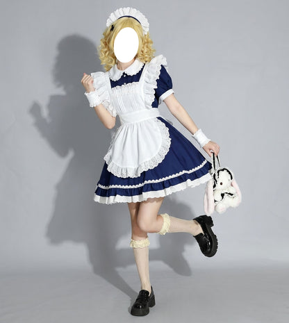 cute model wearing anime cosplay blue white french apron maid outfit women's lolita dress french maid costume