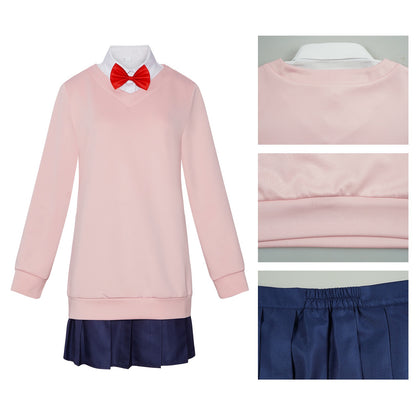 dandadan momo ayase cosplay pink jk uniform fabric close up sweatshirt collar pleated skirt waist