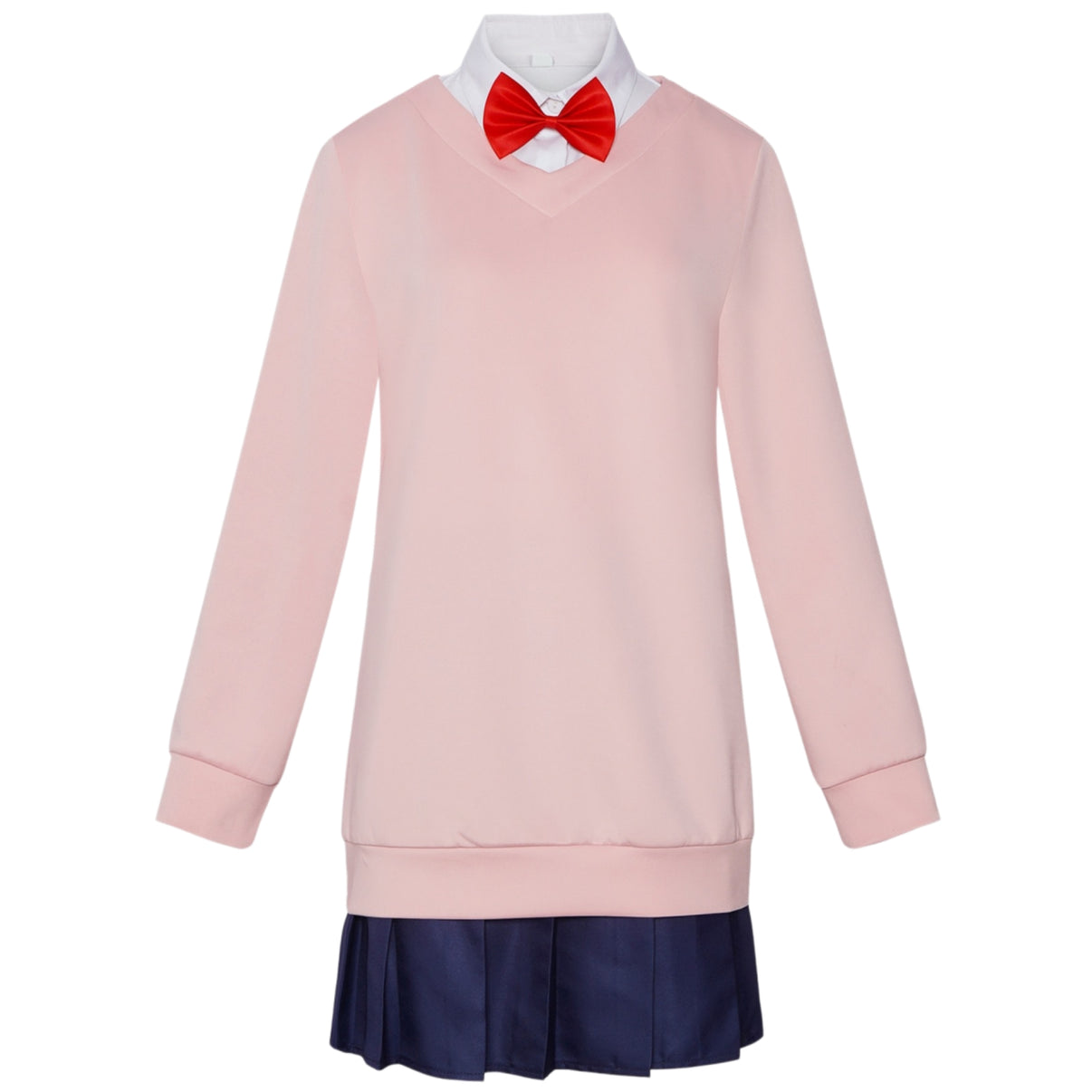 dandadan momo ayase cosplay pink v-neck sweatshirt white shirt navy pleated skirt jk uniform