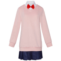 dandadan momo ayase cosplay pink v-neck sweatshirt white shirt navy pleated skirt jk uniform