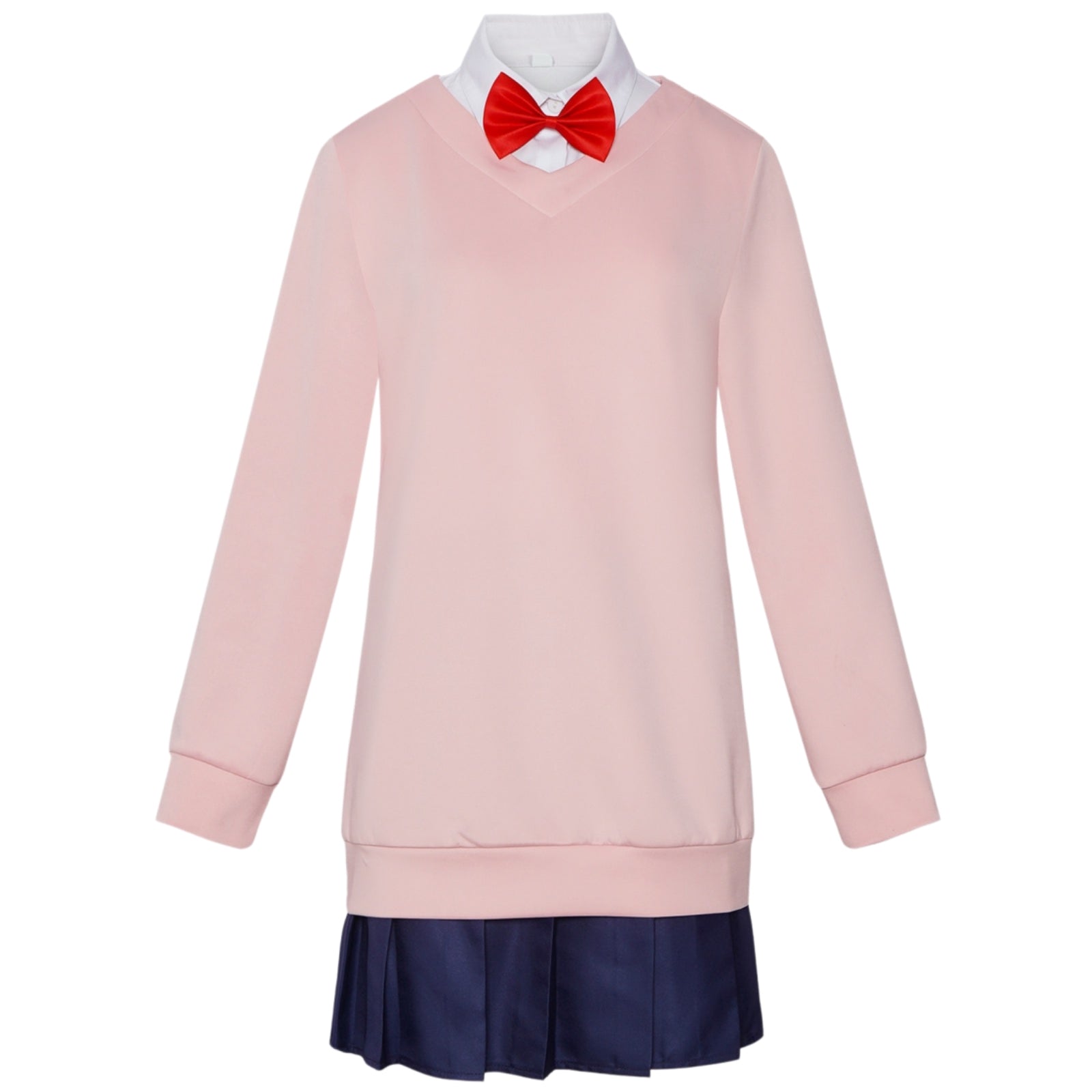 dandadan momo ayase cosplay pink v-neck sweatshirt white shirt navy pleated skirt jk uniform