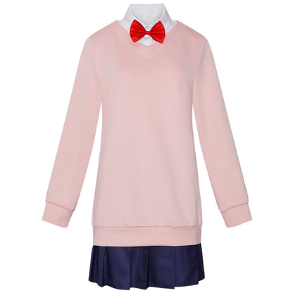 dandadan momo ayase cosplay pink v-neck sweatshirt white shirt navy pleated skirt jk uniform