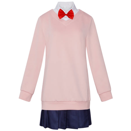 dandadan momo ayase cosplay pink v-neck sweatshirt white shirt navy pleated skirt jk uniform