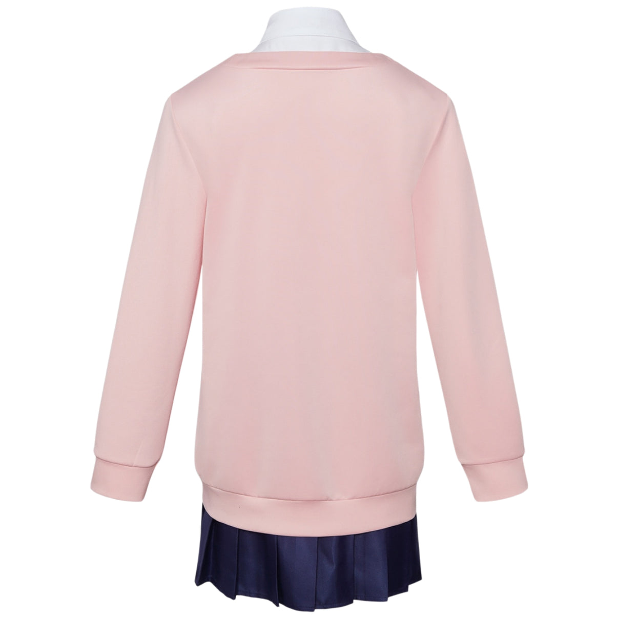 dandadan momo ayase cosplay pink long sleeve sweatshirt back view navy pleated jk skirt