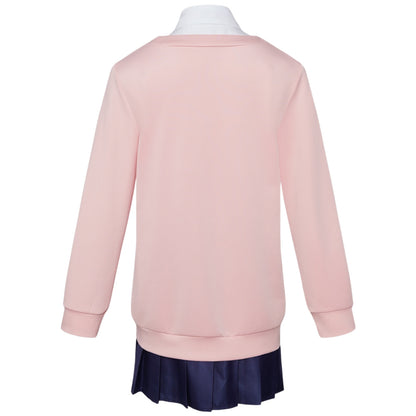 dandadan momo ayase cosplay pink long sleeve sweatshirt back view navy pleated jk skirt