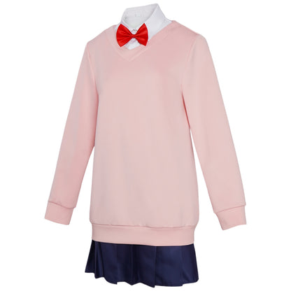 dandadan momo ayase cosplay pink school jk uniform side profile sweatshirt navy skirt