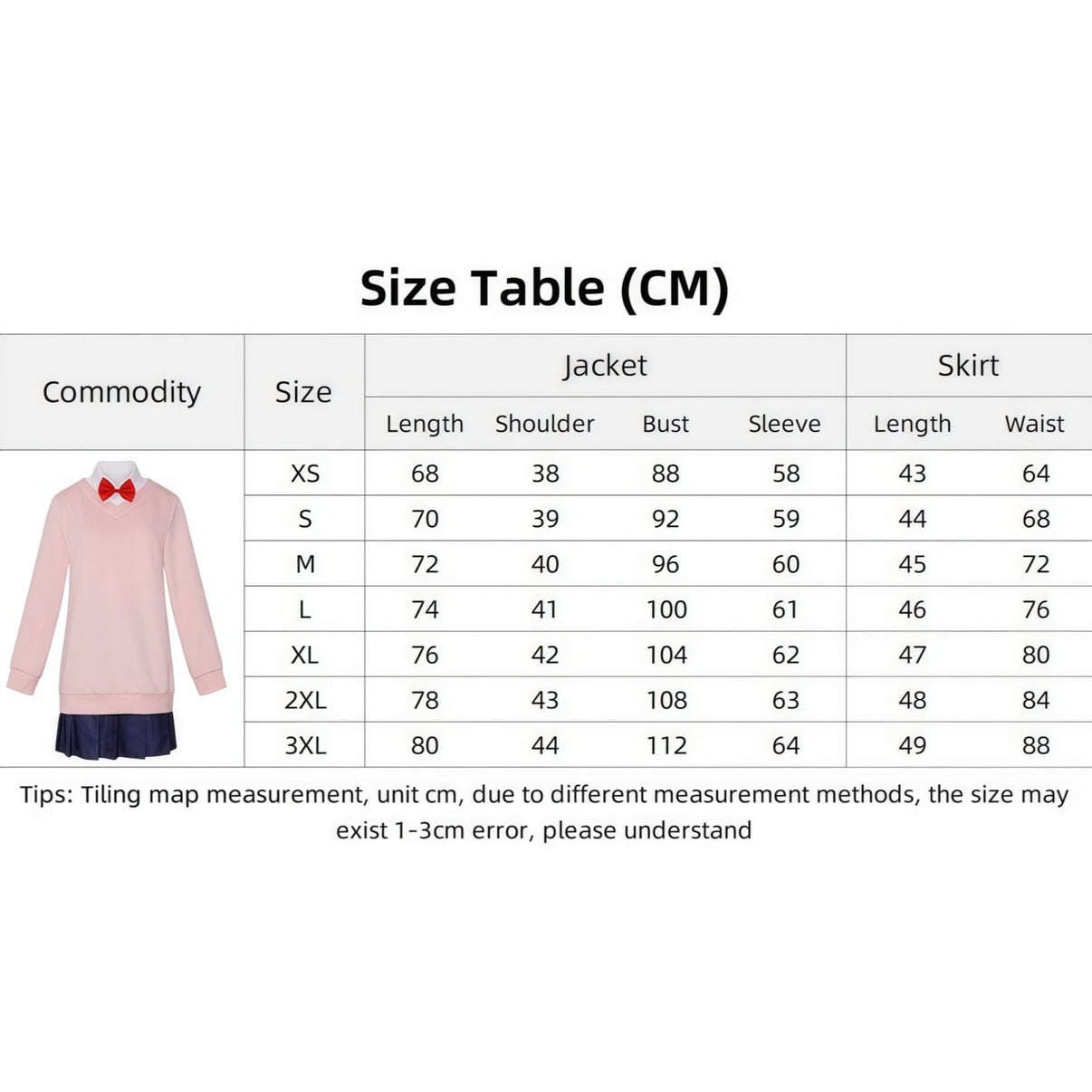 dandadan momo ayase cosplay pink school jk uniform size chart cm measurement table xs to 3xl