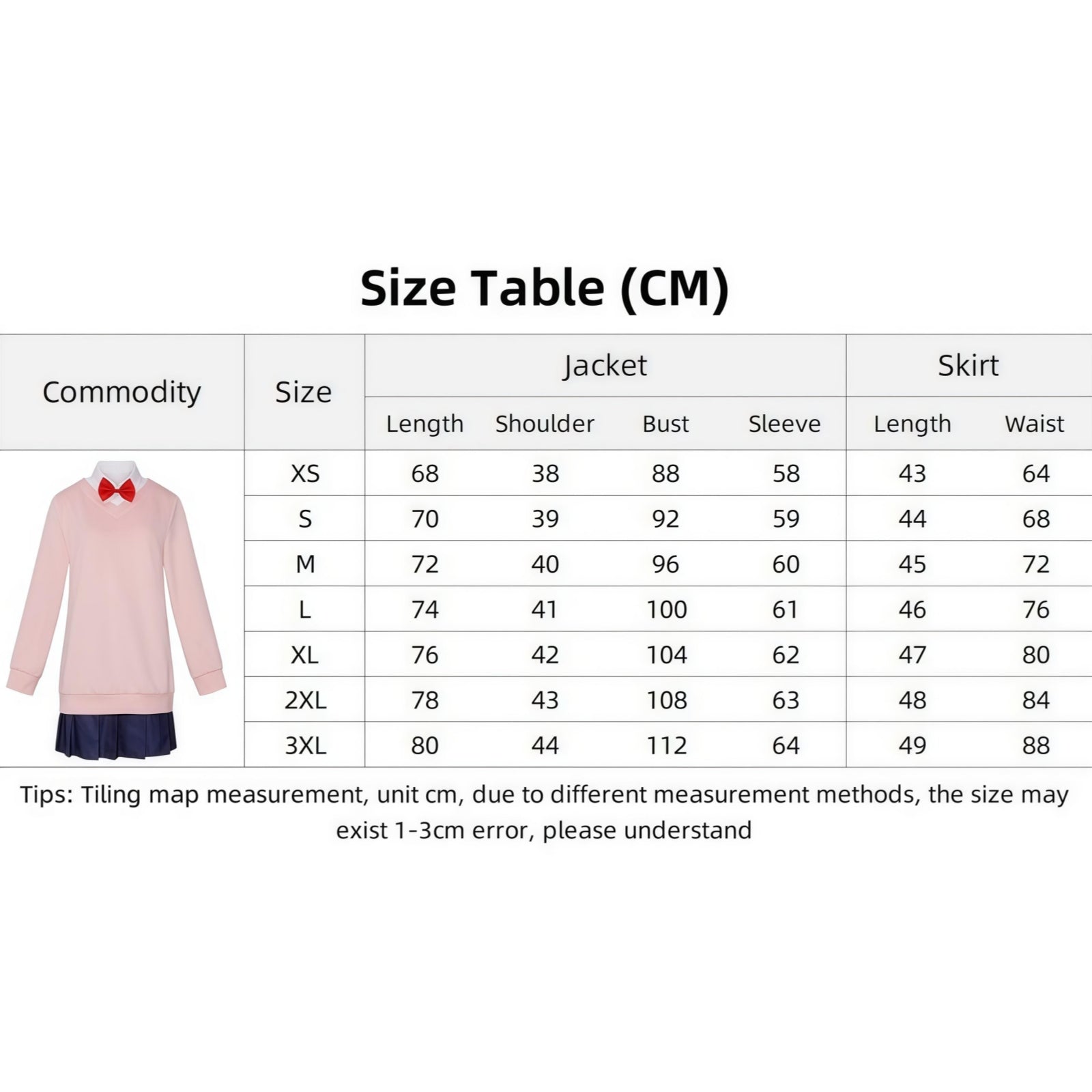 dandadan momo ayase cosplay pink school jk uniform size chart cm measurement table xs to 3xl