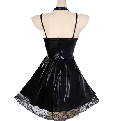 misamisa cosplay black leather dress back view anime misa uniform rear zipper detail