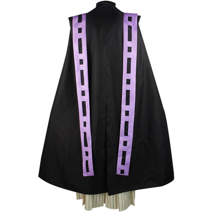 demon slayer douma full costume back shot, long black cape with purple striped ribbons