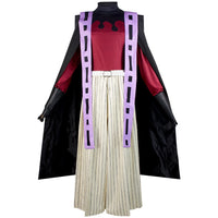demon slayer douma cos costume full front view, burgundy turtleneck, black cape, striped wide leg pants