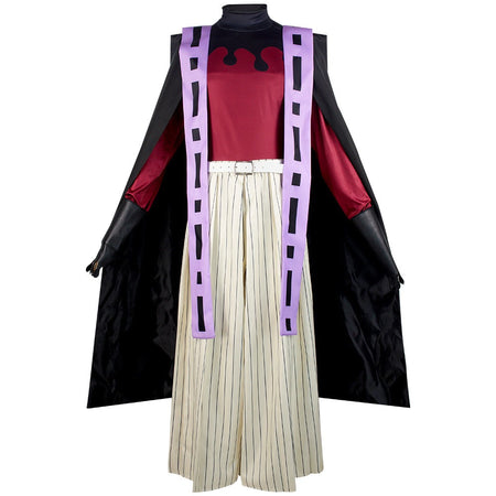 demon slayer douma cos costume full front view, burgundy turtleneck, black cape, striped wide leg pants