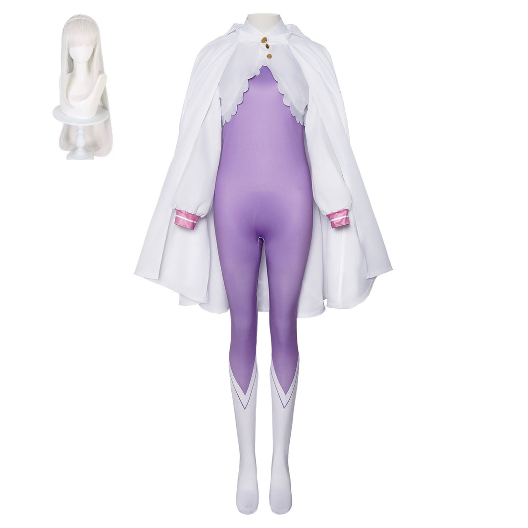 anime re zero emilia cosplay purple jumpsuit white cape full costume with wig display