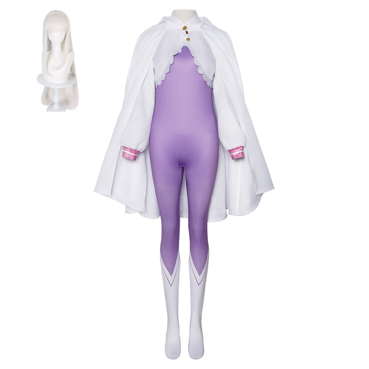 anime re zero emilia cosplay purple jumpsuit white cape full costume with wig display