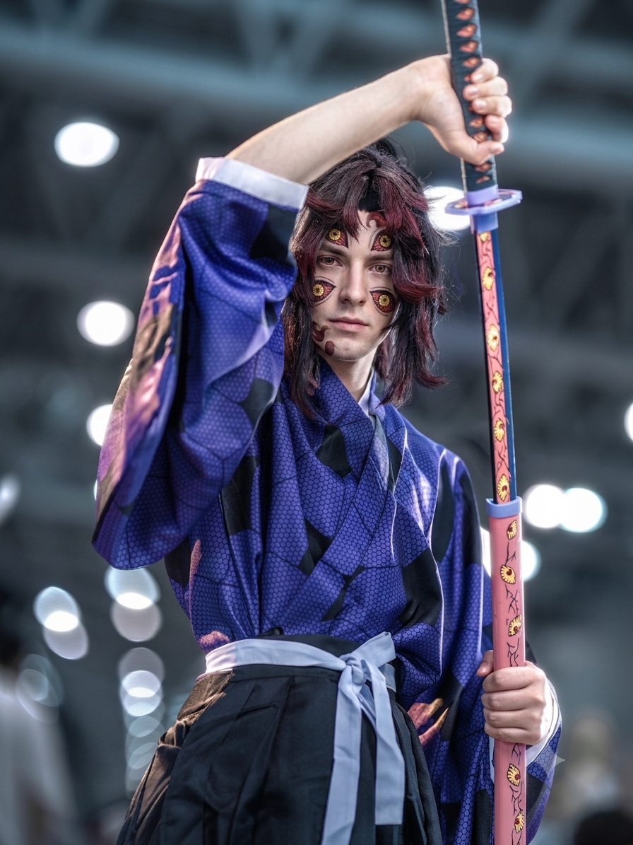 handsome european man dressed in demon kokushibou cosplay kimono against blurred convention background