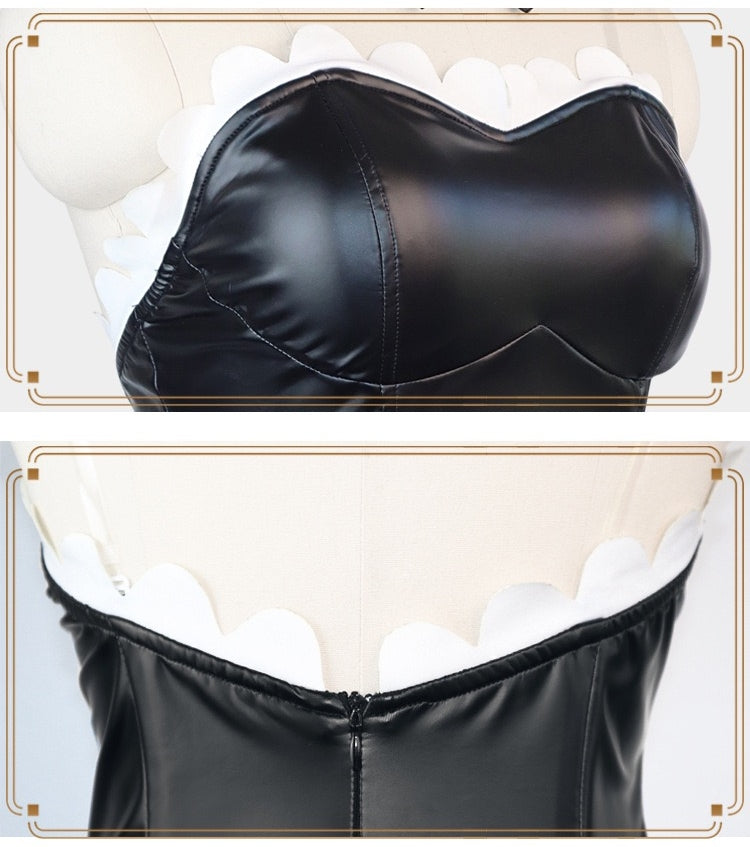 close up rem ram re zero bunny cos black patent leather bodysuit white scallop trim back zipper