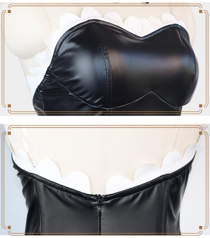 close up rem ram re zero bunny cos black patent leather bodysuit white scallop trim back zipper
