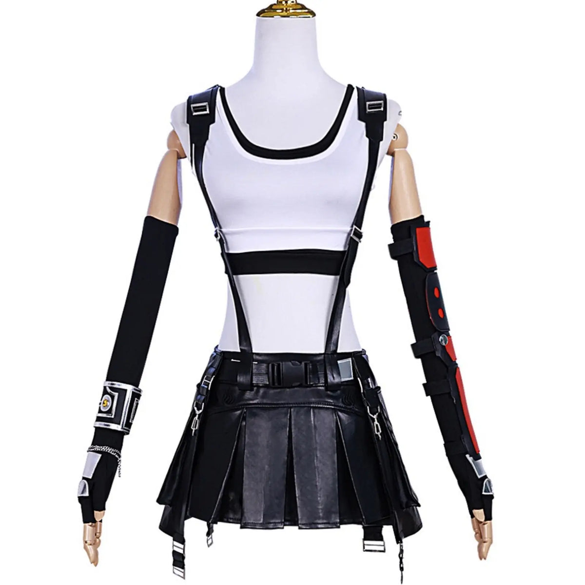 tifa lockhart cosplay full outfit white top black pleated skirt front view