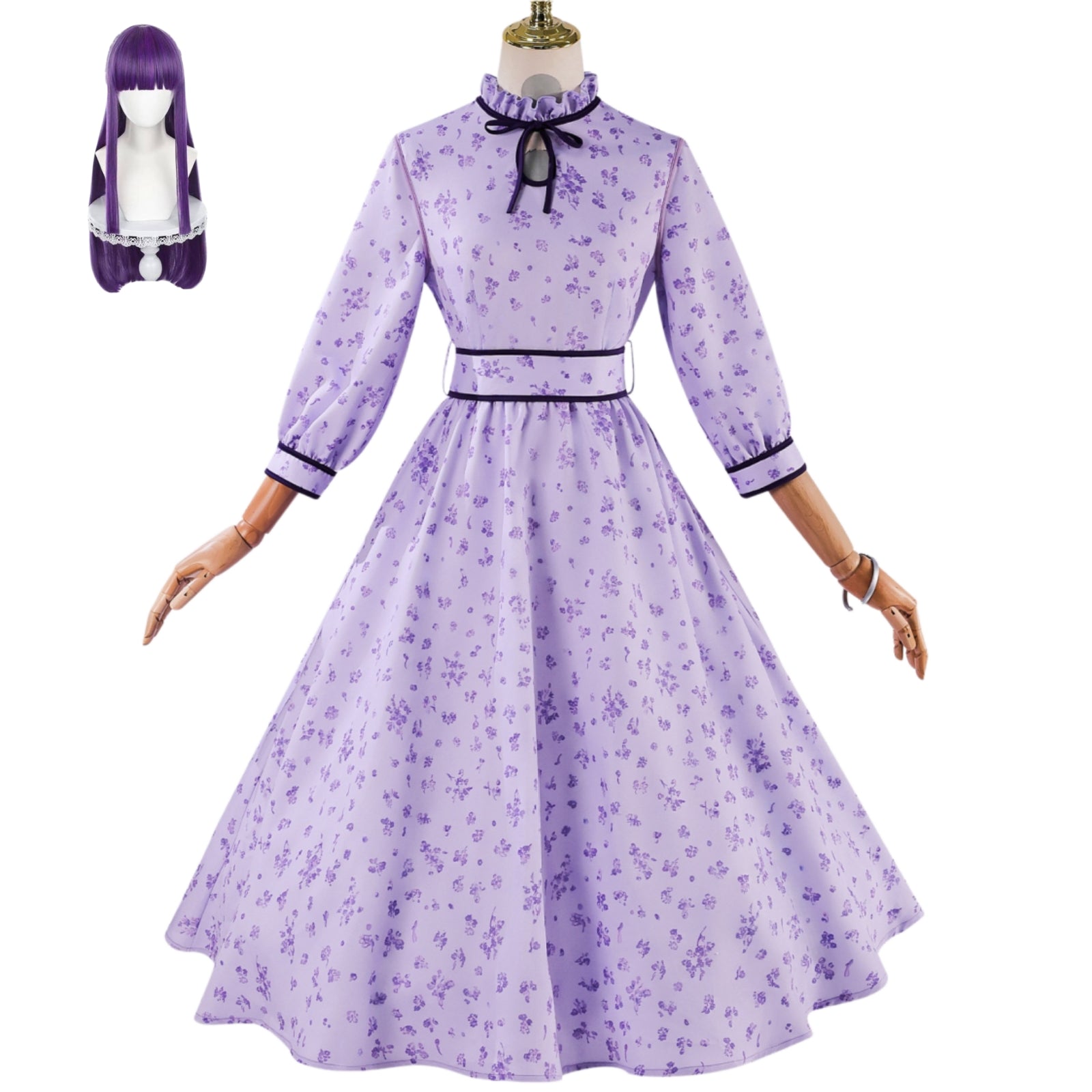 frieren fern cosplay costume purple floral midi dress anime cos outfit with long purple wig