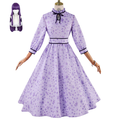 frieren fern cosplay costume purple floral midi dress anime cos outfit with long purple wig