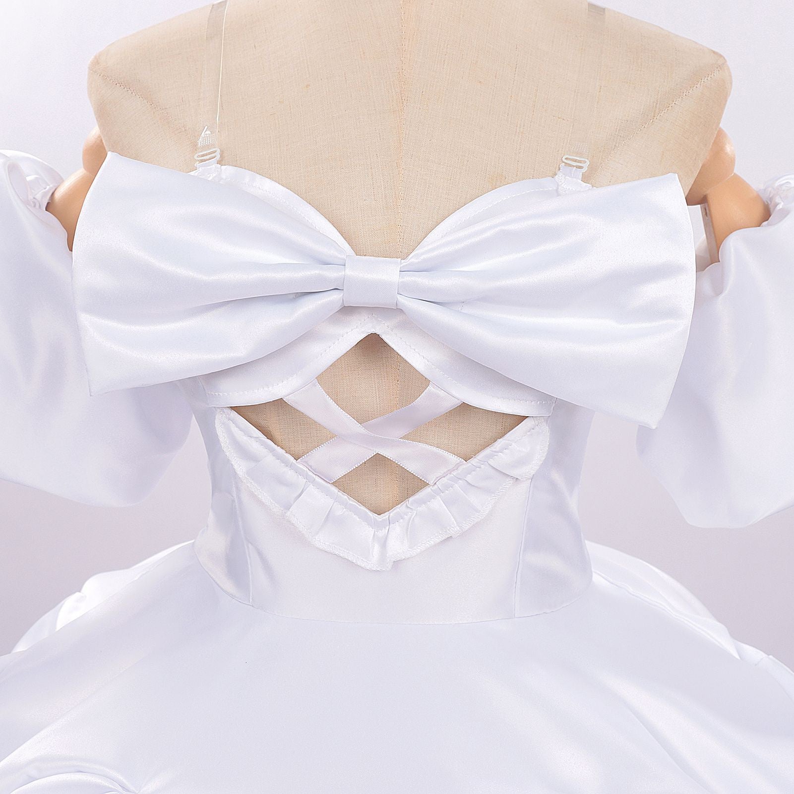 close up front bow cross hollow bust alien stage zombie stage sua cosplay white satin costume top detail