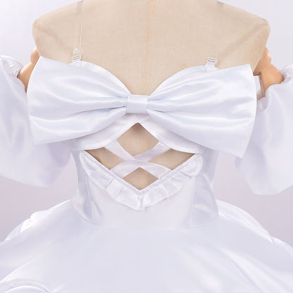 close up front bow cross hollow bust alien stage zombie stage sua cosplay white satin costume top detail