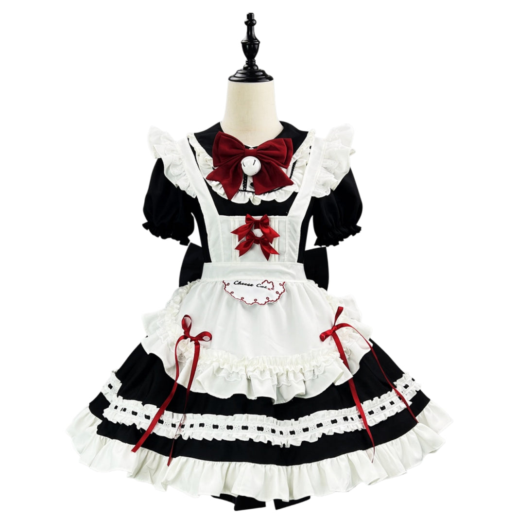 front view black white red ruffle lolita maid dress with bell bow