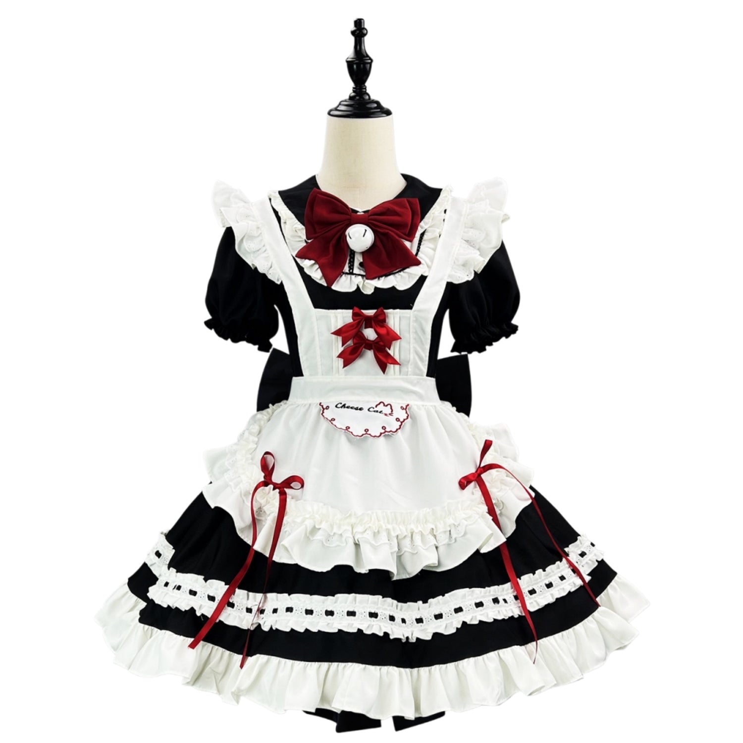 front view black white red ruffle lolita maid dress with bell bow