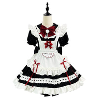 front view black white red ruffle lolita maid dress with bell bow