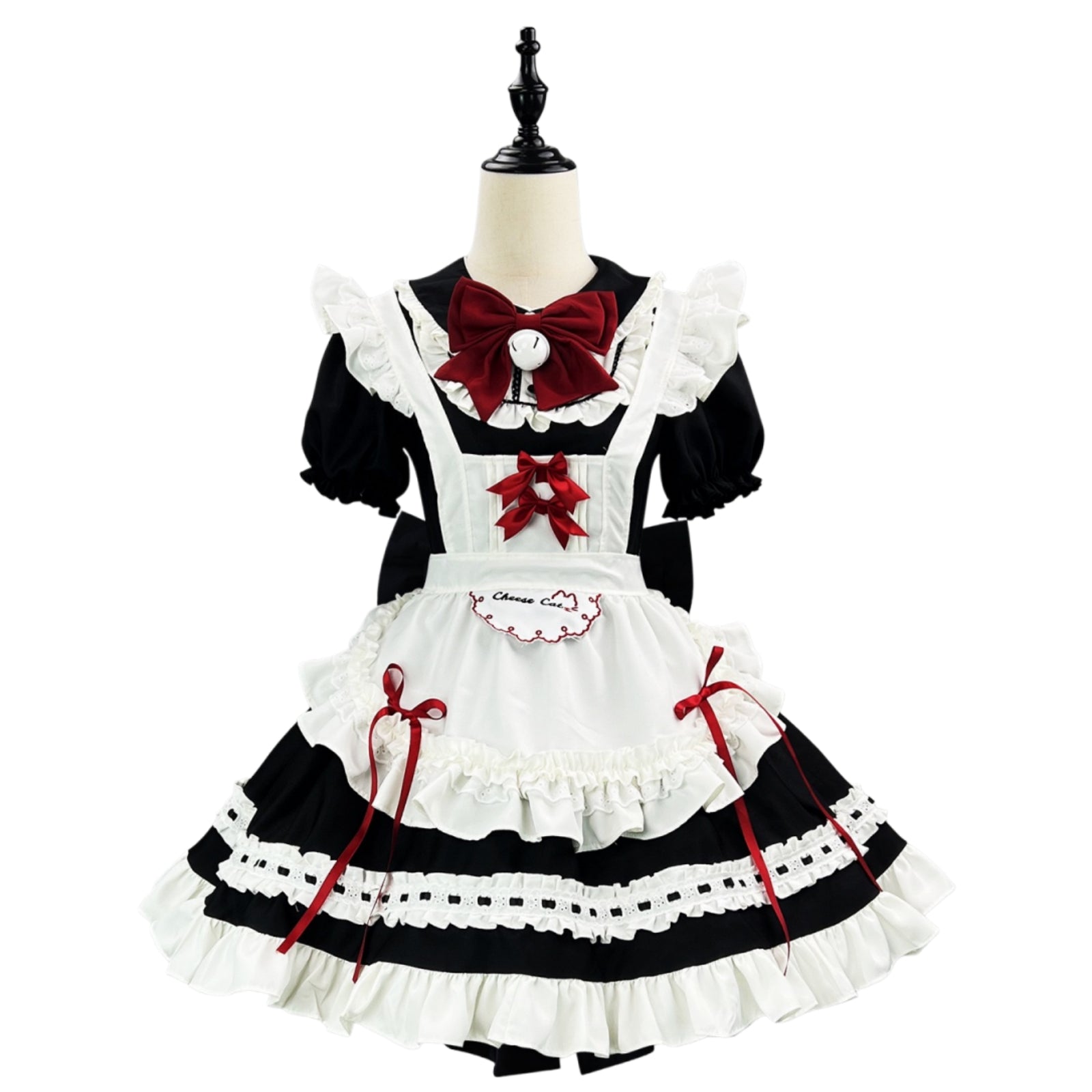 front view black white red ruffle lolita maid dress with bell bow