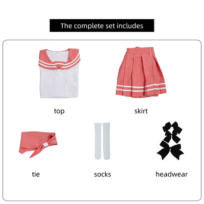 complete set breakdown of astolfo pink sailor uniform top skirt neck tie white socks black hair bow accessories