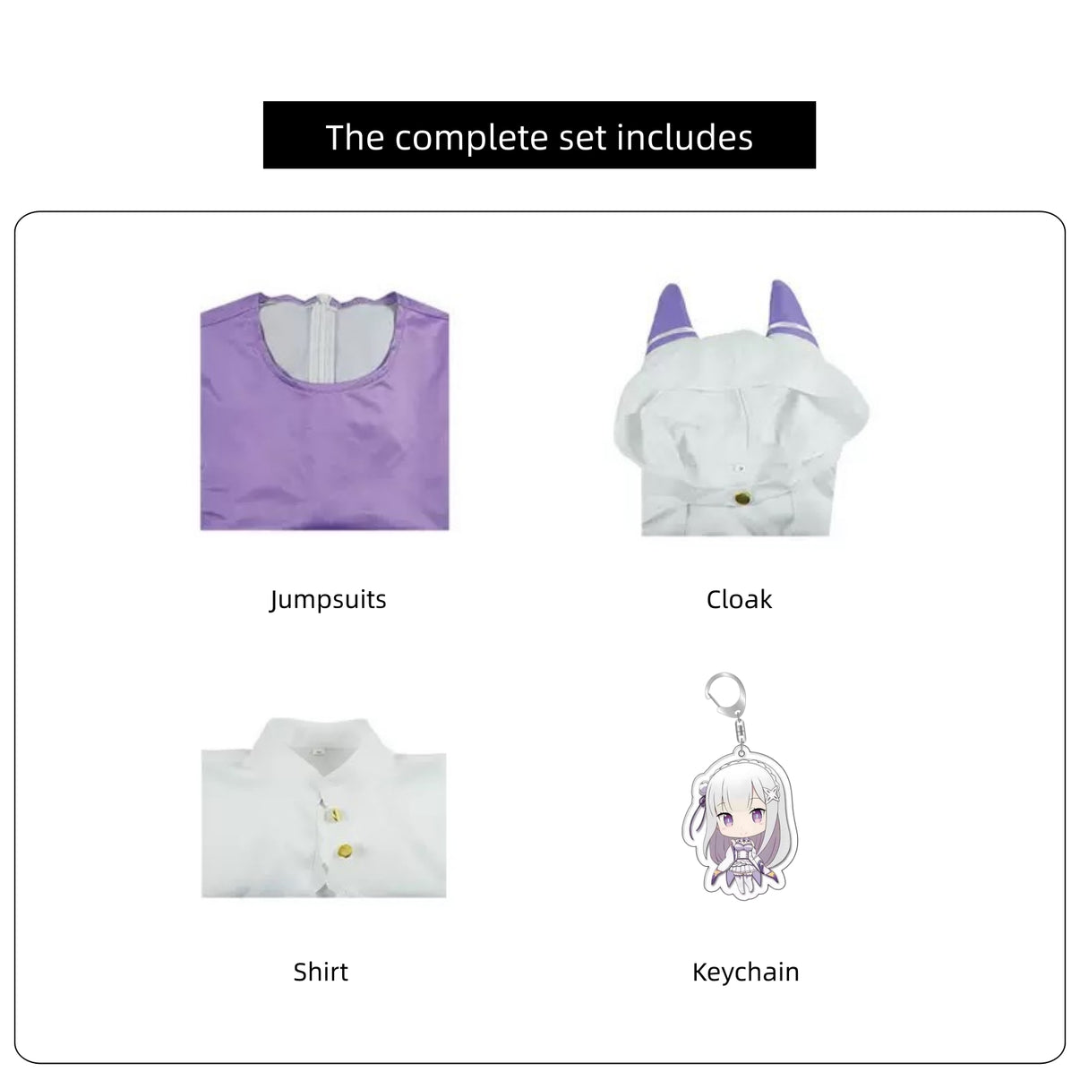 re zero emilia cos complete set includes jumpsuit cloak shirt acrylic keychain