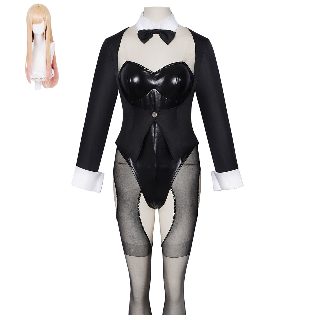 my dress-up darling marin black bunny bodysuit complete costume set matching long pink blonde wig