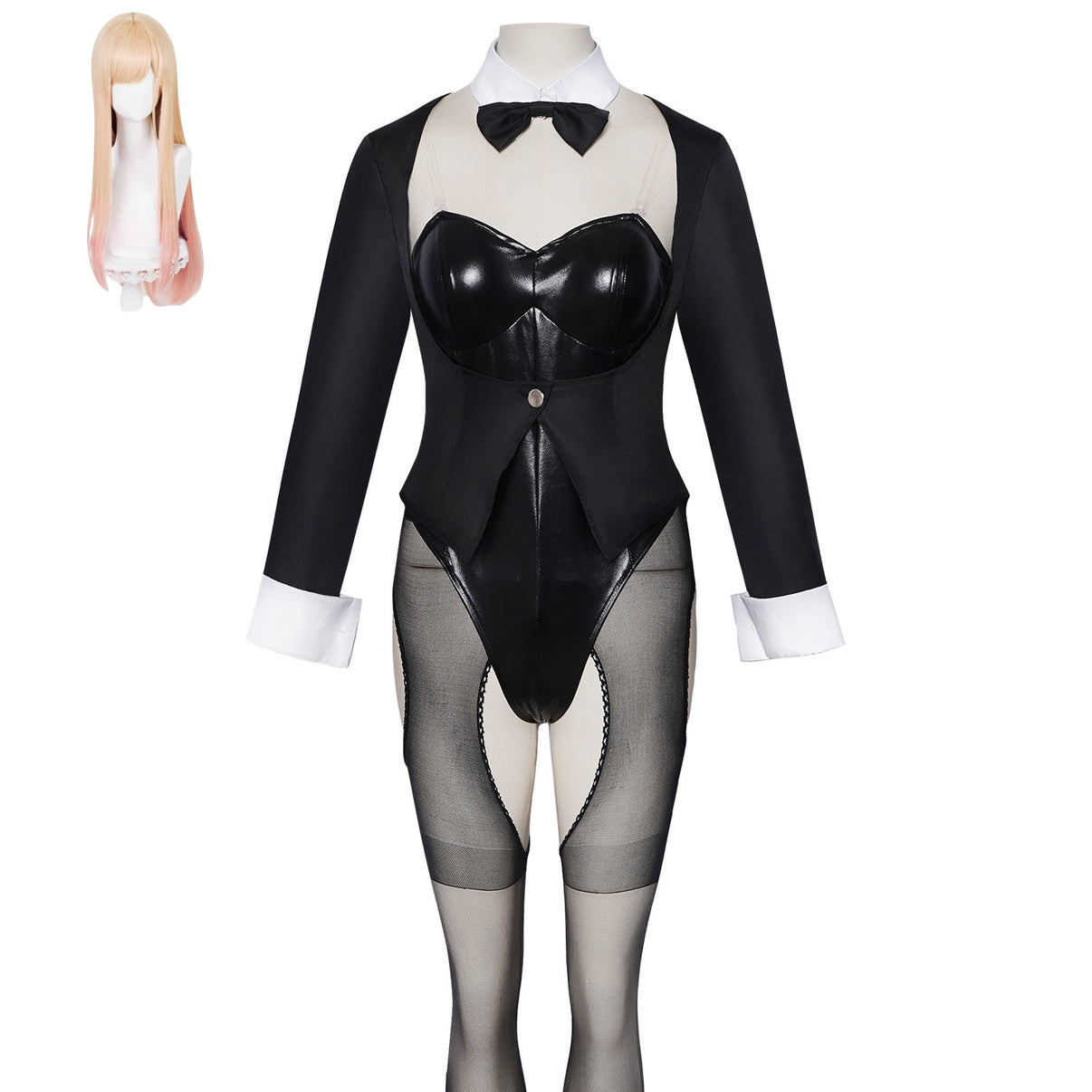 my dress-up darling marin black bunny bodysuit complete costume set matching long pink blonde wig