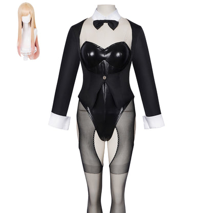 my dress-up darling marin black bunny bodysuit complete costume set matching long pink blonde wig