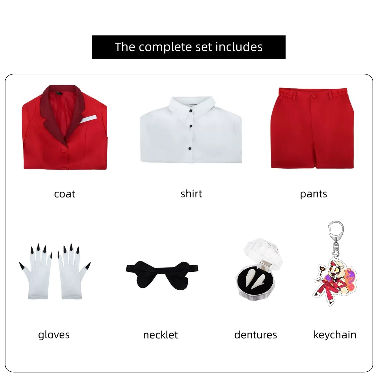 hazbim hotel charlie morningstar cosplay full package coat shirt pants gloves bow tie dentures keychain