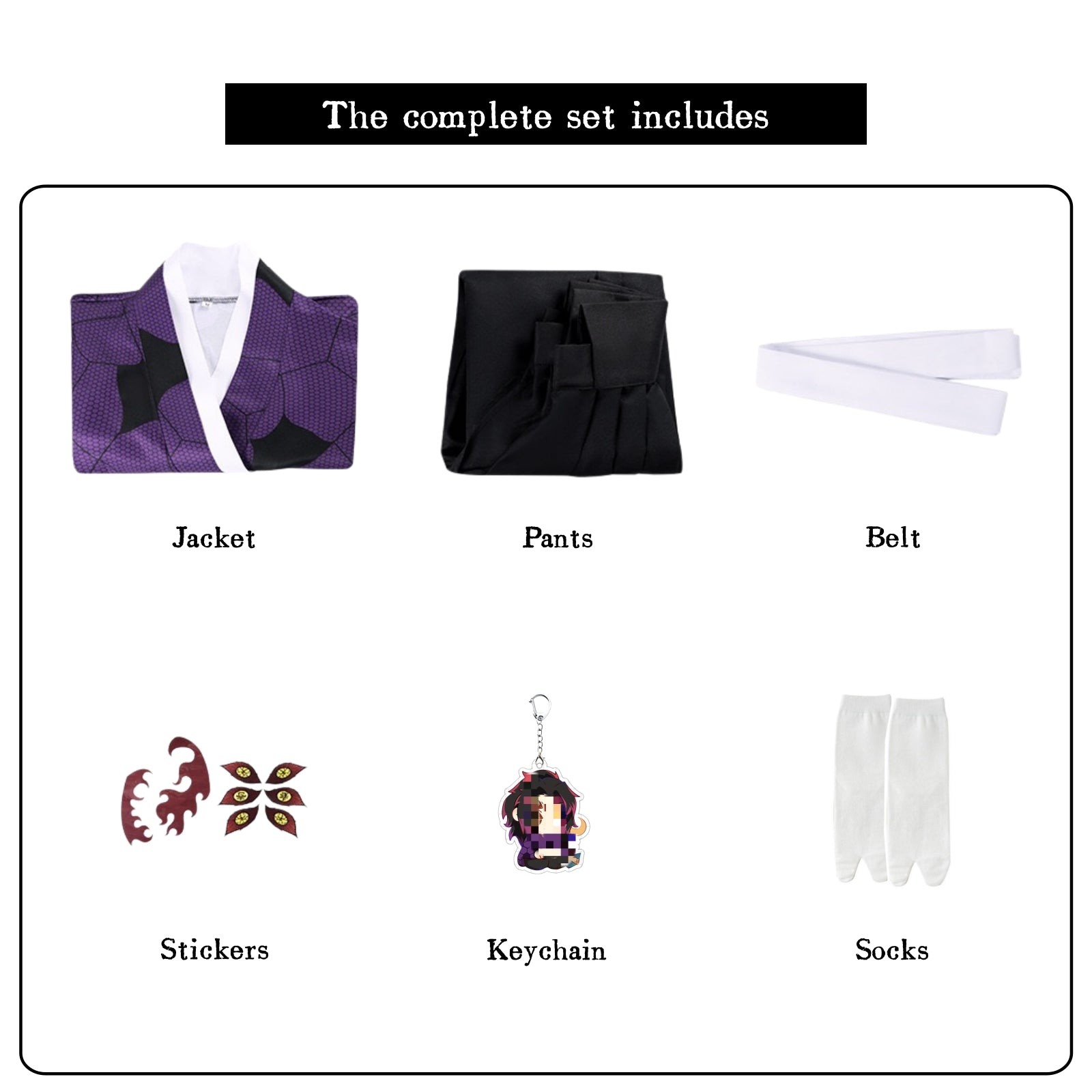 anime demon kokushibou cosplay costume full set, kokushibou cosplay kimono with jacket pants belt socks stickers keychain