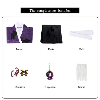 anime demon kokushibou cosplay costume full set, kokushibou cosplay kimono with jacket pants belt socks stickers keychain