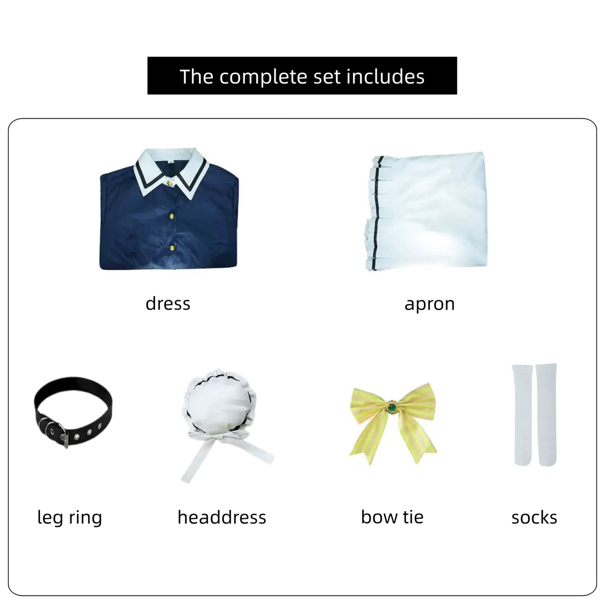 complete accessory parts navy maid dress white apron leg ring headdress yellow bow tie white socks shiki natsume costume set