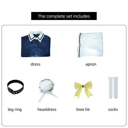 complete accessory parts navy maid dress white apron leg ring headdress yellow bow tie white socks shiki natsume costume set