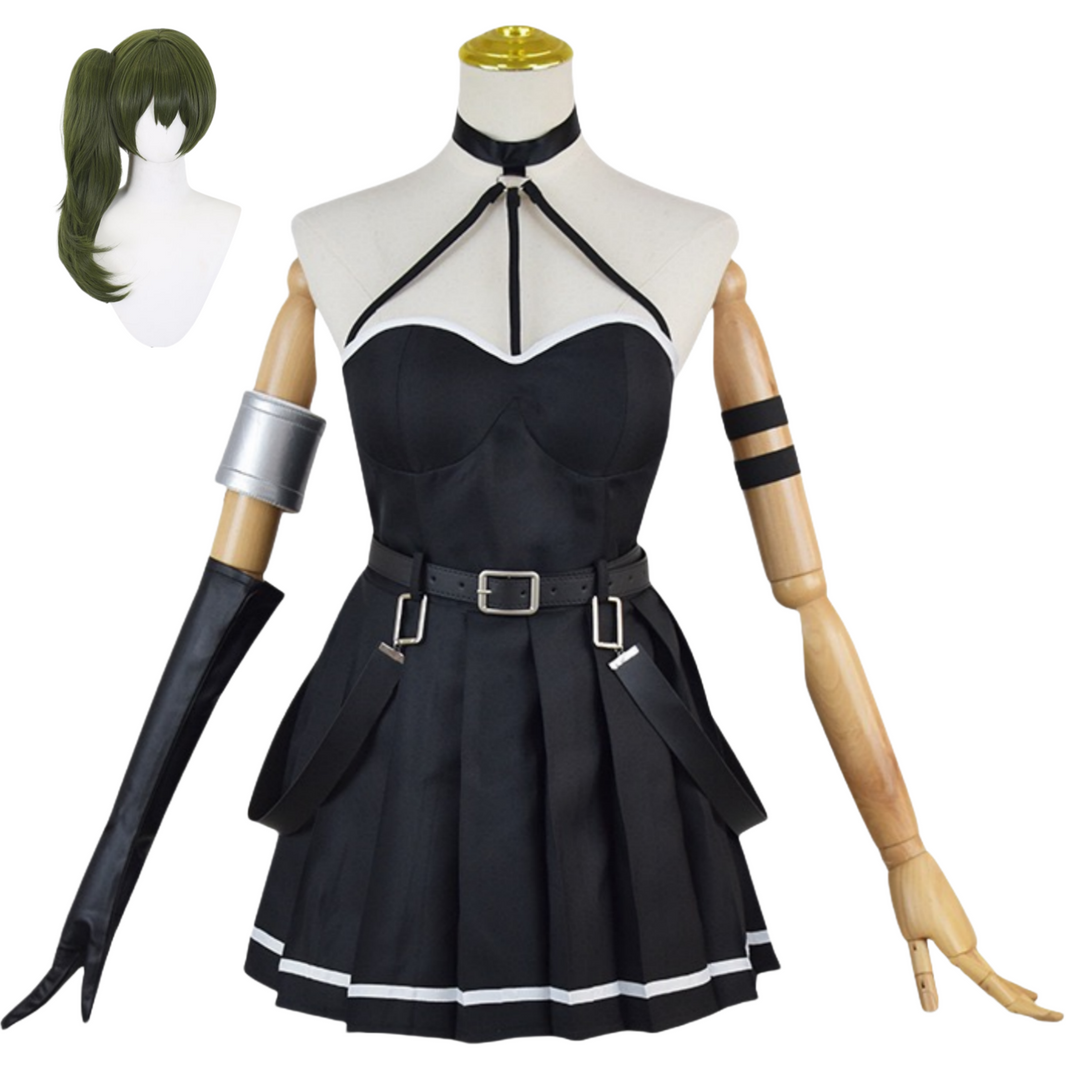 ubel frieren cosplay outfit with matching green wig – complete set on mannequin