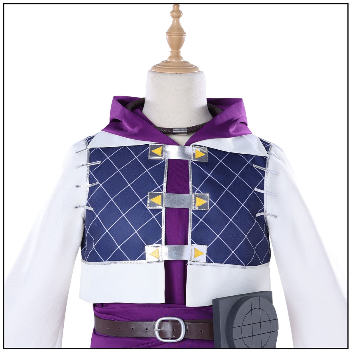 close up front view jabber gachiakuta cosplay purple hood inner top navy grid vest silver yellow triangle buckles waist belt ornament