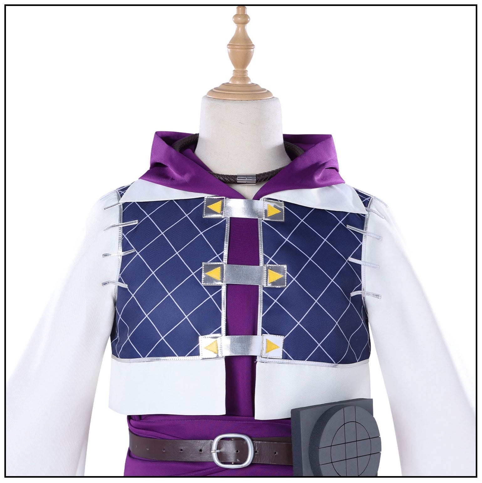 close up front view jabber gachiakuta cosplay purple hood inner top navy grid vest silver yellow triangle buckles waist belt ornament