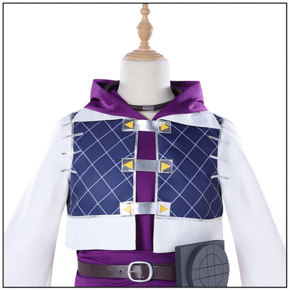 close up front view jabber gachiakuta cosplay purple hood inner top navy grid vest silver yellow triangle buckles waist belt ornament