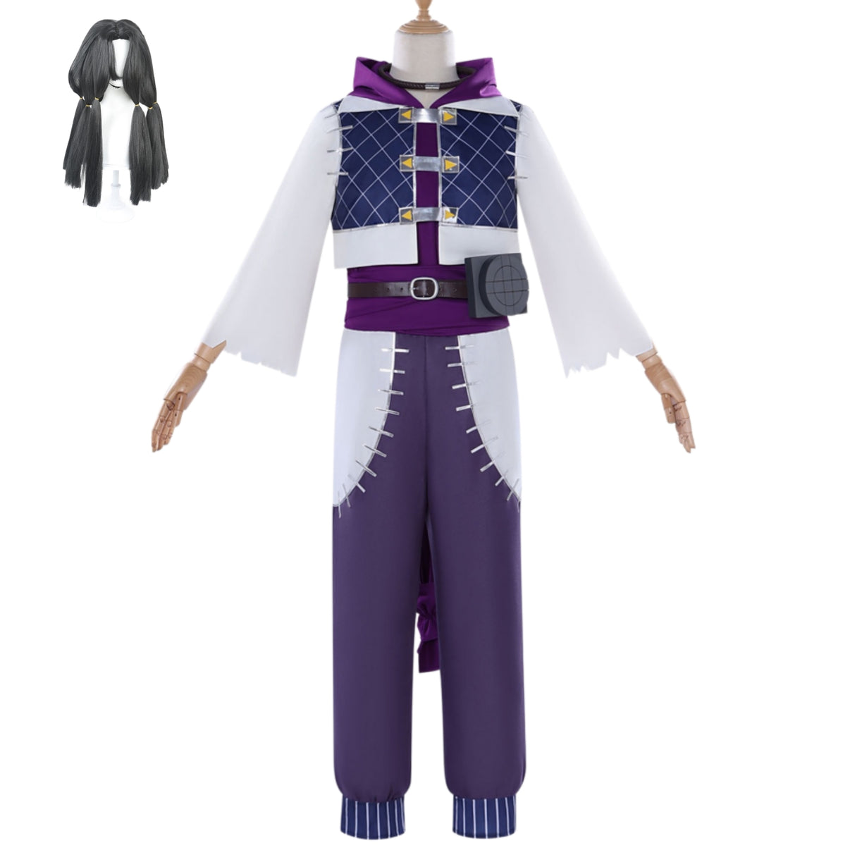 complete jabber gachiakuta anime outfit set paired long black twin braid wig full mannequin front display