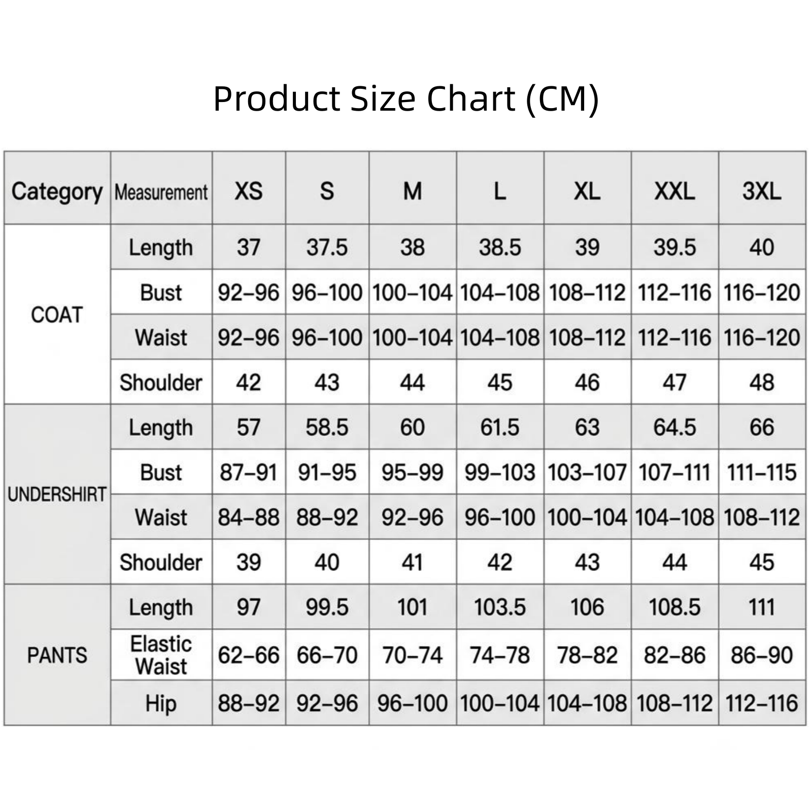 size chart in cm for jabber gachiakuta cosplay coat undergarment pants bust waist shoulder length size xs to 3xl