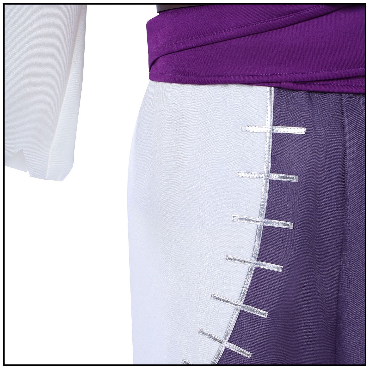 partial close up jabber gachiakuta cosplay loose harem pants silver horizontal stitch trim purple white color block