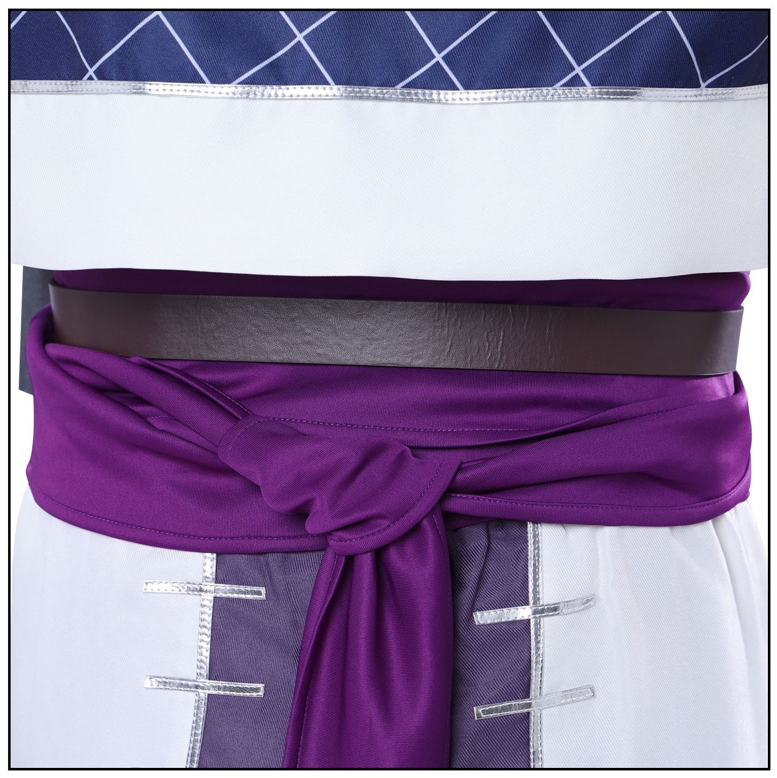 close up knotted purple fabric waist sash brown leather belt two tone stitched jabber cosplay pants hem