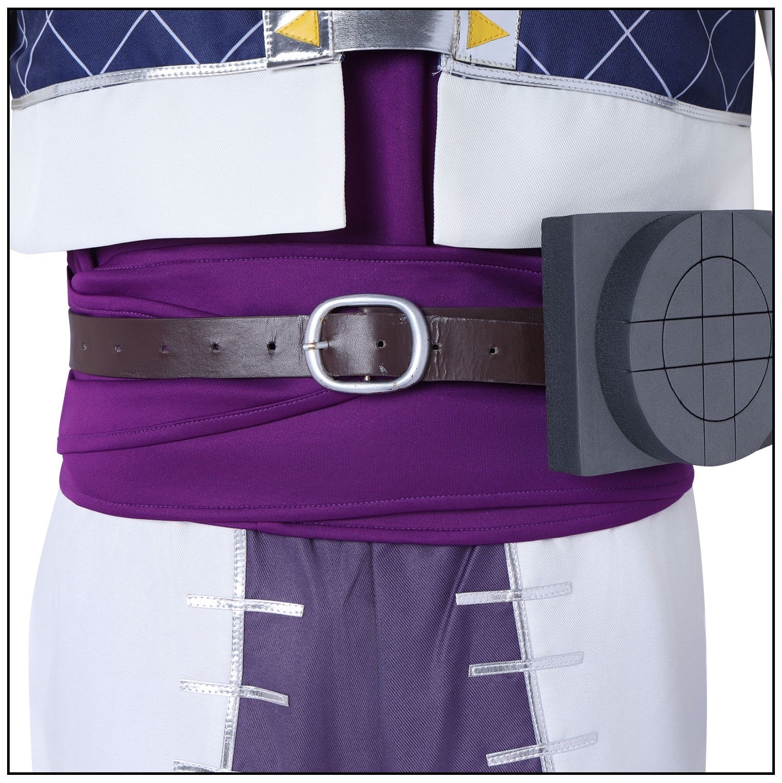 close up waist shot brown leather silver buckle belt round gray waist ornament two tone purple white stitched jabber cosplay pants
