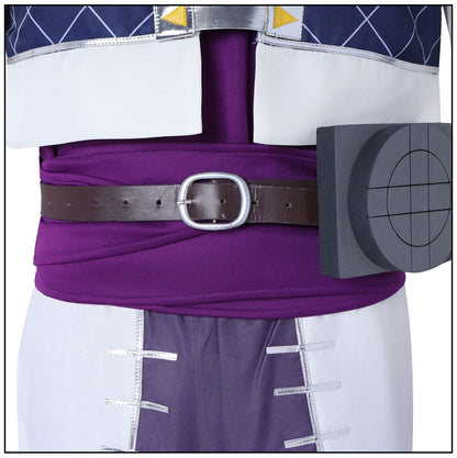 close up waist shot brown leather silver buckle belt round gray waist ornament two tone purple white stitched jabber cosplay pants